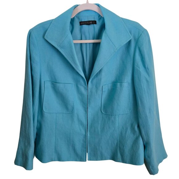 Lafayette 148 Turquoise 100% Linen Hook And Eye Closure Jacket Blazer Size L - Picture 3 of 5